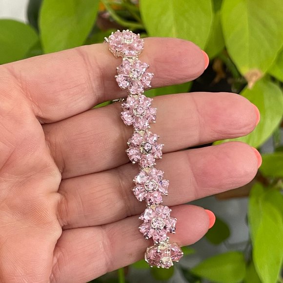 Sterling Silver Pink Floral  Tennis Bracelet - Picture 1 of 8